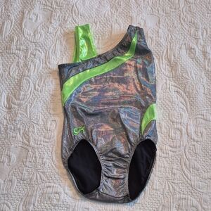 GK Adult Small silver and lime shimmery dance gymnastics leotard, foil VGUC